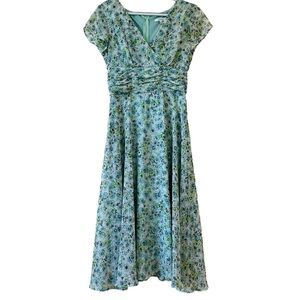 Dressbarn Women’s Green White Floral Print Ruched Midi Dress Size 4